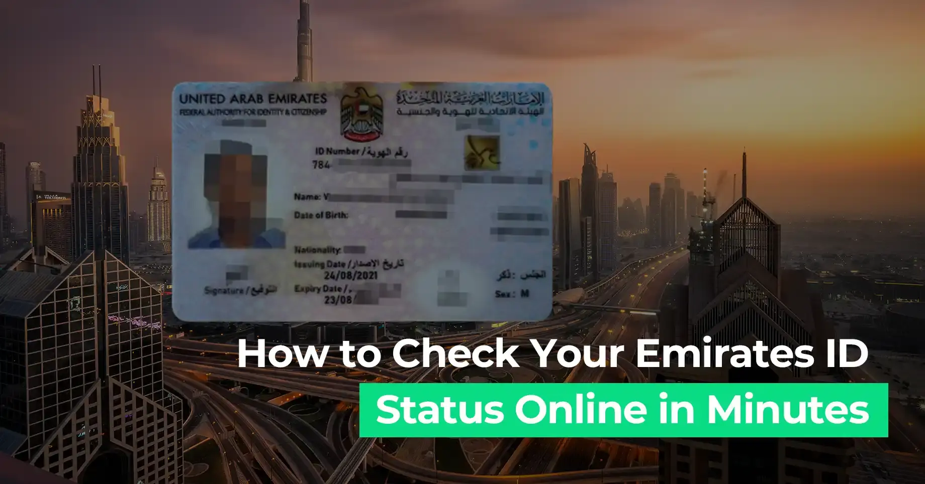 Learn quickly how to verify your Emirates ID status online, showcasing an ID against the Dubai skyline.